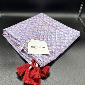 New Beau & Ro Sara Rossi Table Runner Blue Red Tassels 100% Cotton 42" W 77" L